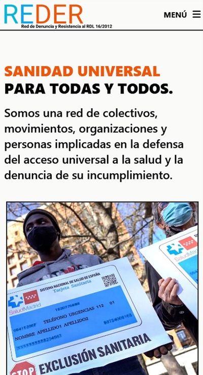 Screenshot of the mobile view of the project. In high contrast you can see the main slogan (Universal health care for all) and a photograph from a demonstration, people holding oversized health cards in their hands.